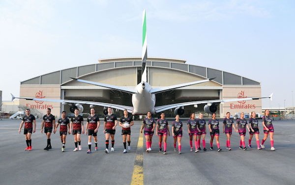 Emirates Dubai Rugby Sevens A380 livery marking the flagship event&rsquo;s 50th anniversary